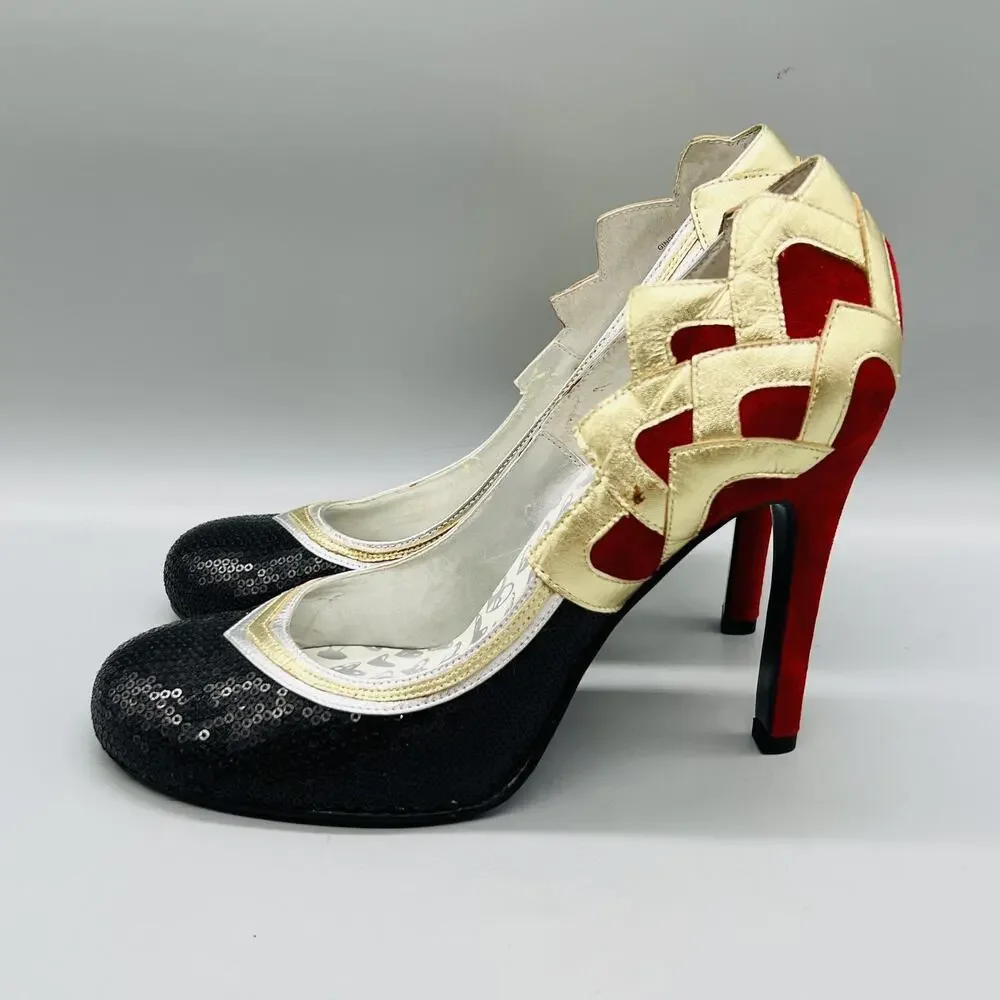 Oh Deer Shoes Women 10 Black Red Gold Sequin Ginger Stiletto Heel Pump Round Toe